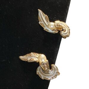 Vintage Ornate Leaf & Scroll Clip-On Earrings w/ Faux Pearls